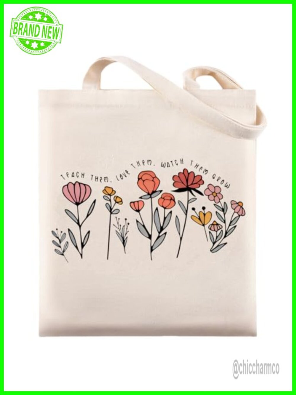 Canvas Tote Bag Flower Print Teacher Appreciation Gift Sturdy Shoulder Bag